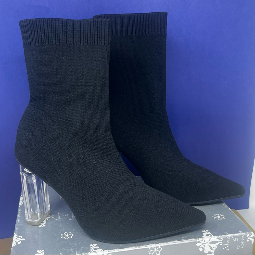 Cuccoo Black Sock Booties with Clear Block Heel